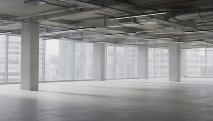 Naklejka premium Medium shot of a vacant shell office floor featuring exposed ceiling grid and structural columns with blurred window lines in the background for a minimalist industrial look.