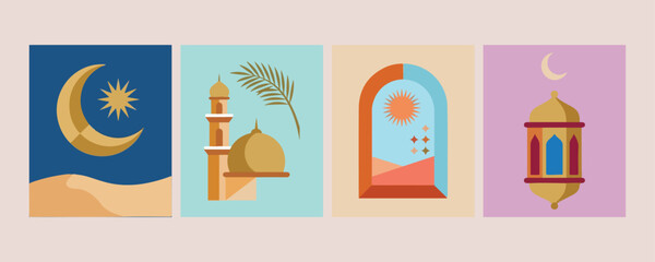 Islamic architecture abstract vector art, modern mosque silhouette illustration, cultural geometric travel graphics, elegant Arabian desert art, minimalist Islamic design elements, creative oriental a © Geetaroy