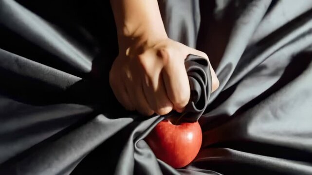 Entering adult right hand twisting dark gray satin cloth on flat surface, framing red apple