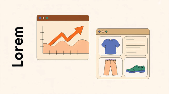 vector illustration of web browser windows with graph and clothing products