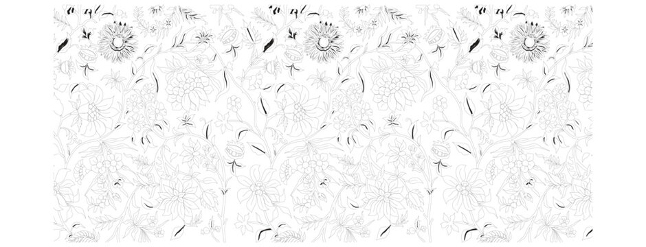 Intricate black line art featuring a traditional floral batik motif. Ornate botanical design with sunflowers and vines on a white background, suitable for hot foil stamping, laser cutting, or coloring