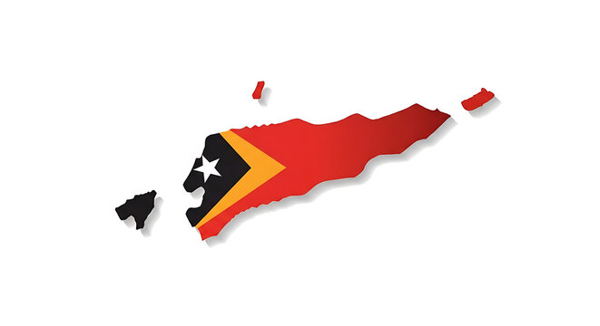 East Timor map outline filled with national flag colors red, yellow, black, and white star, 3D shadow effect