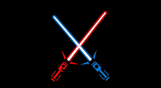 Two glowing crossed energy swords, one red, one blue, against a black background, representing conflict or duel