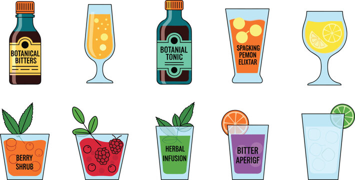 Botanical Mocktail and Herbal Elixir Vector Icon Set Featuring Botanical Bitters Tonic Sparkling Lemon Elixir Berry Shrub and Bitter Aperitif
