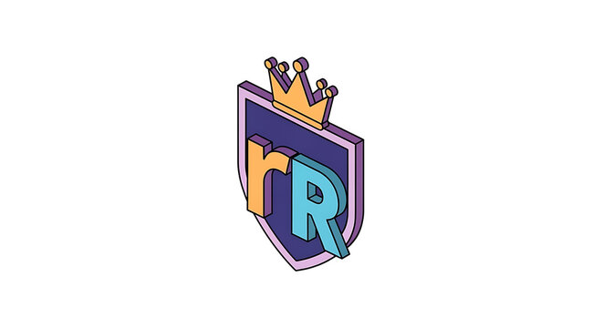 Isometric pixel art shield with crown and letters r r, symbolizing royalty, gaming, or achievement on a white background