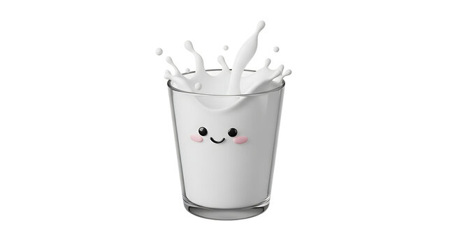 Isolated cartoon glass of milk with a cute smiling face, splashing and spilling over the rim, clean design element for healthy lifestyle and breakfast