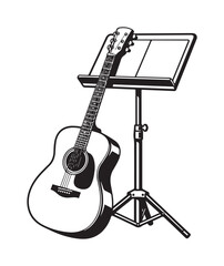 Naklejka premium Acoustic Guitar and Music Stand Setup for Practice Session in Minimalist Indoor Environment Illustration