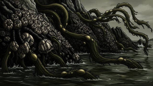 Dark Surreal Digital Art Landscape featuring Eerie Organic Tentacles and Fungal Growths on a Rocky Coastline