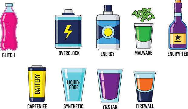 Cyberpunk Hacker Culture Beverage Icon Set Featuring Glitch Soda Overclock Energy Drink Malware Shot Liquid Code Synthetic Nectar and Firewall Mocktail