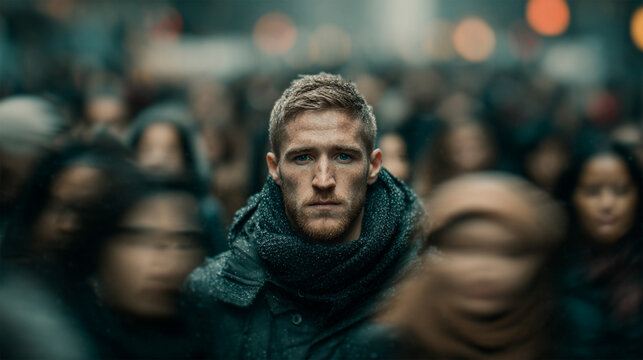 Young man surrounded by moving crowd, motion blur effect urban lifestyle concept