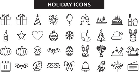 Black line holiday icons on white. © Riazul