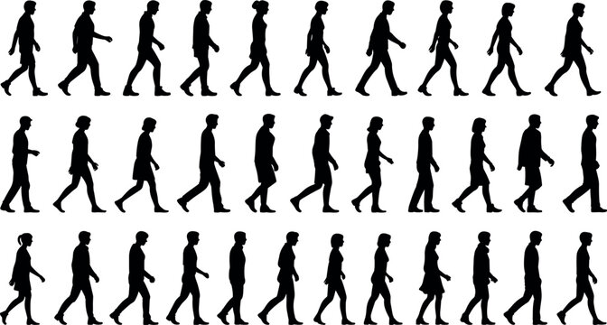 Series of black walking silhouettes of diverse people in motion, illustrating human gait cycle, posture variation, and locomotion study reference