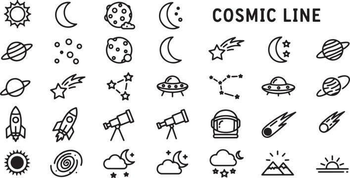 Black line icons of cosmic objects.