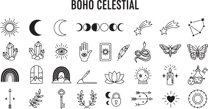 Boho celestial icons and symbols.