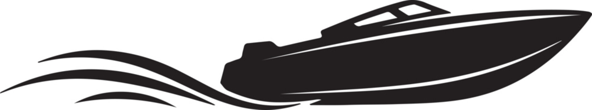 Elegant speedboat gliding smoothly through calm waters with a dynamic wake. silhouette vector icon