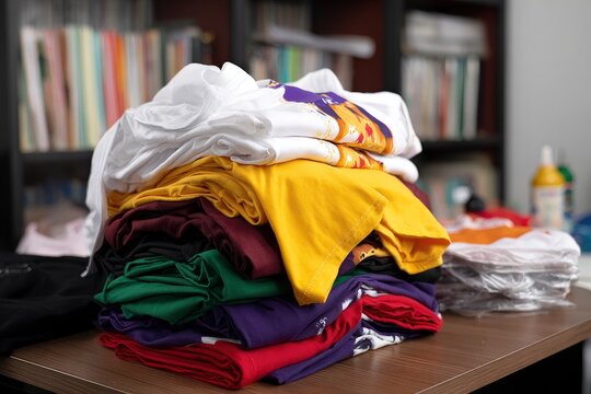 Colorful stack of folded t-shirts on a wooden table. Apparel production, printing, or retail concept
