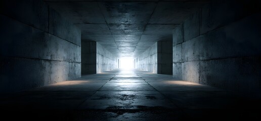 Fototapeta premium Spacious industrial concrete hall with natural light from distance showing massive pillar structure and perspective lines in empty underground warehouse with dramatic shadows and atmospheric fog.