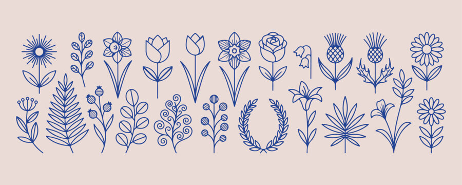 Spring garden flowers and wreath, botanical floral line art illustration, hand drawn meadow flowers doodle, minimalist spring nature vector sketch, creative floral design elements, elegant garden blos