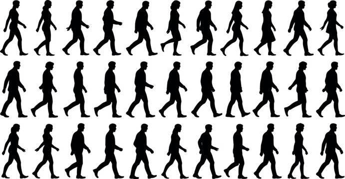 Series of diverse walking silhouettes arranged in rows, illustrating human gait, posture, arm swing, and pedestrian lifestyle reference illustration