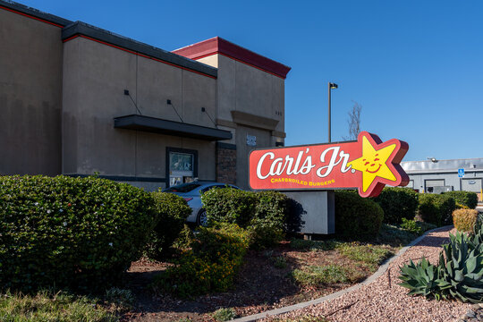 

Chula Vista, California, USA - July 8, 2022: A Carl's Jr. restaurant at 695 H St in Chula Vista, California, USA. Carl's Jr. restaurant is an American fast-food chain known for its charbroiled burge