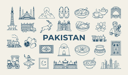 Pakistan travel landmarks and cultural icons, Pakistani traditional food and heritage, Islamabad and Lahore travel destination graphics, South Asia tourism vacation design elements, Pakistan country s © Geetaroy