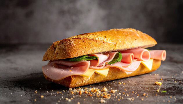 Fresh baguette sandwich with ham and cheese and crumbs on table