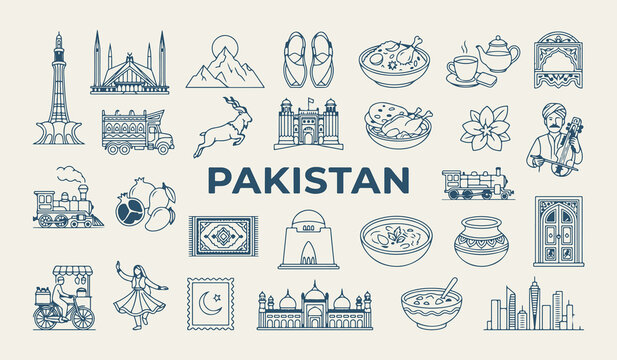 Pakistan travel landmarks and cultural icons, Pakistani traditional food and heritage, Islamabad and Lahore travel destination graphics, South Asia tourism vacation design elements, Pakistan country s