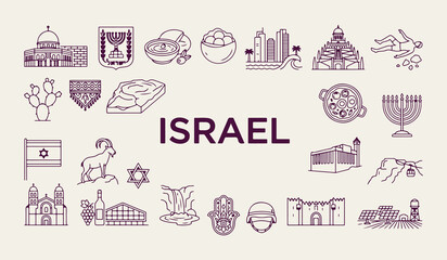 Obraz premium Israel travel landmarks and symbols, Jerusalem cultural vector icons, Israeli traditional food and heritage, Middle East travel destination graphics, Jewish culture and religion line art, Israel touri