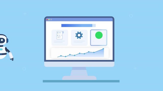 Animated video of a robot assistant beside a computer dashboard showing task list, system settings, and analytics, representing AI automation, task management, and digital workflow organization.