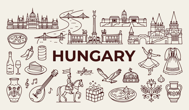Hungary travel icons and landmarks, Budapest cultural vector illustrations, Hungarian traditional food and folk art, European heritage line art symbols, Hungary tourism vacation design elements, minim