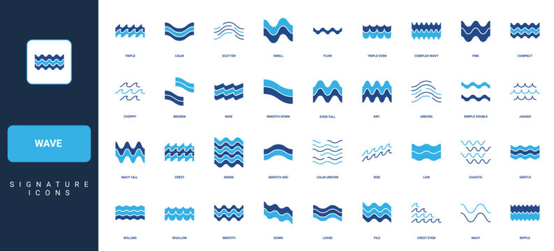 Curve and zigzag shape, simple two and three, four wave lines solid vector illustration. Wave pattern, sea and ocean water ripple, river flow and swimming pool wavy icon set.