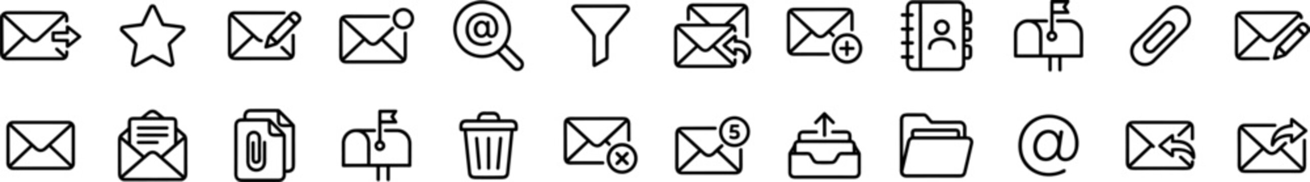 email and message communication icons set with envelope inbox send reply forward attachment paperclip document folder search filter mailbox and notification interface symbols on transparent background