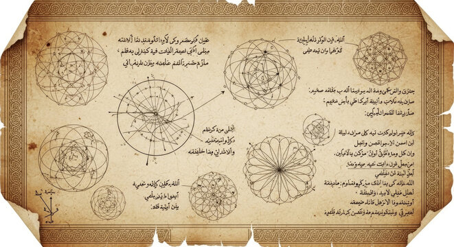 Ancient manuscript with geometric diagrams and inscriptions in a scroll-like format.