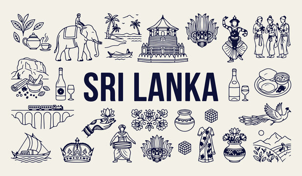 Sri Lanka travel landmarks and icons, Sri Lankan cultural heritage vector illustrations, Sri Lanka traditional food and tea graphics, Asia tourism vacation design elements, Sri Lanka country line art 