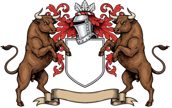 Heraldic bull coat of arms with knight helmet and shield, medieval bull crest with red acanthus leaves, vintage royal emblem for family lineage