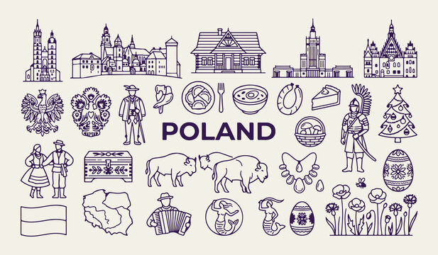 Poland travel landmarks and cultural icons, Polish traditional food and heritage illustrations, Warsaw and Krakow tourism design elements, Europe vacation travel line art symbols, Poland country herit