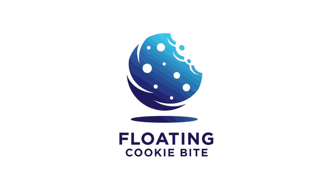Floating Cookie Bite Logo Design with Blue Gradient and White Background.
