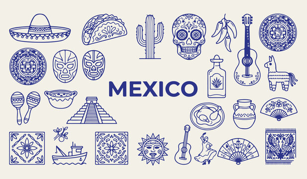 Mexico travel landmarks and cultural symbols, Mexican traditional food and taco icons, Day of the dead sugar skull graphics, Central America tourism vacation design elements, Mexico country line art s