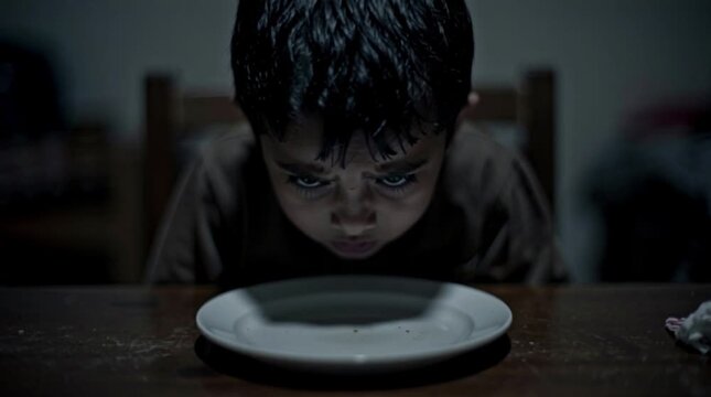 Sad young boy looking down at an empty plate while feeling hungry in dark room