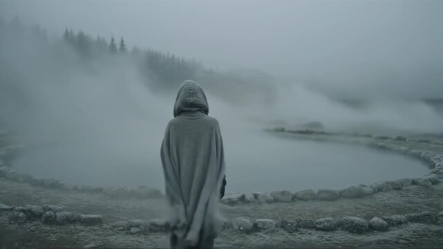 Woman in hooded cloak performs mystical ritual at steaming stone circle in foggy forest. Ancient ceremony with rising mist and outstretched arms. Fantasy nature magic concept for atmospheric