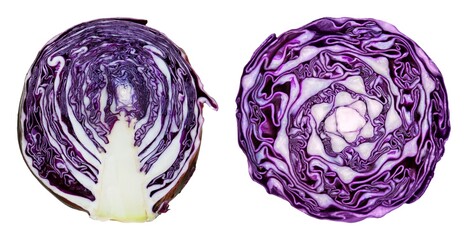 Fototapeta premium Vibrant sliced purple cabbage halves element set isolated on white