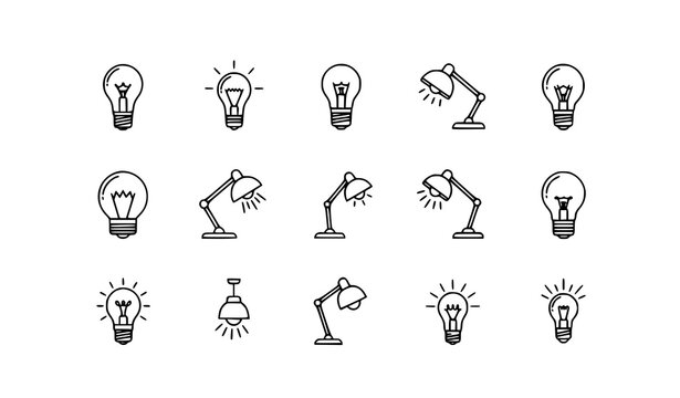 A set of minimalist line art icons depicting light bulbs and desk lamps