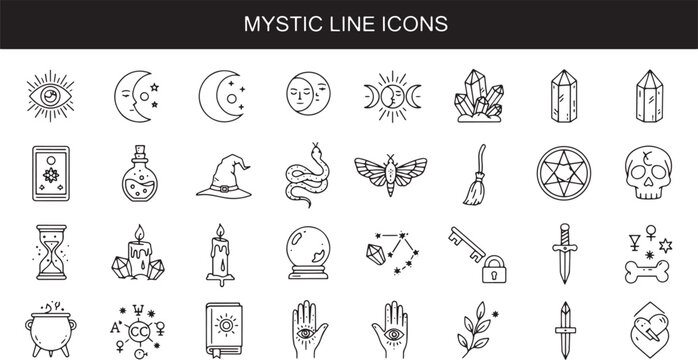 Mystic line icons for spiritual designs.