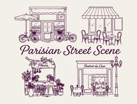 Parisian street scene and cafe icons, Paris city landmark vector illustrations, French culture and lifestyle graphics, European travel destination design elements, minimalist Paris architecture line a