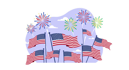 Fototapeta premium Celebratory composition showcasing waving american flags, vibrant fireworks, and a soft lavender backdrop, perfect for patriotic events, independence day designs, and scalable