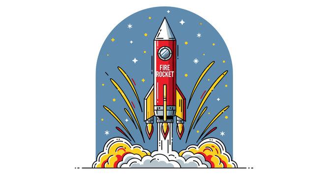 Red and yellow rocket ship blasting off into a star-filled night sky, showcasing a vector illustration of a successful launch, perfect for business and technology themes with