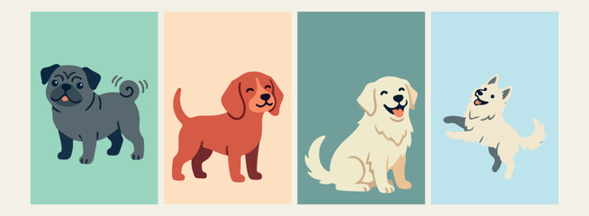 Obraz premium Cute puppy dog cartoon character stickers, dog breed mascot vector illustrations, pet dog stickers for kids nursery, minimalist puppy and pet line art, adorable domestic animal and dog graphics, puppy