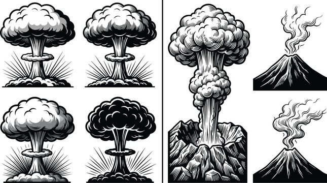 Nuclear Explosion and Volcano Eruption Vector Set with Mushroom Clouds, Blast Effects, and Smoke in Detailed Black Line Art Style