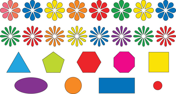 Colorful Geometric Shapes and Flower Icons Vector Set with Abstract Floral Elements and Basic Shapes in Flat Design Style