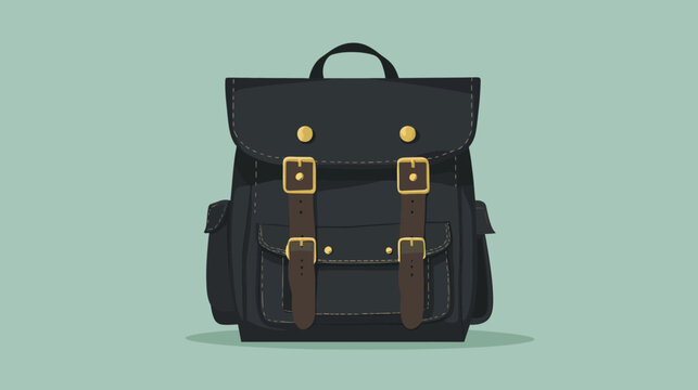 Pixelated image of a black backpack with brown straps and gold buckles set against a teal background